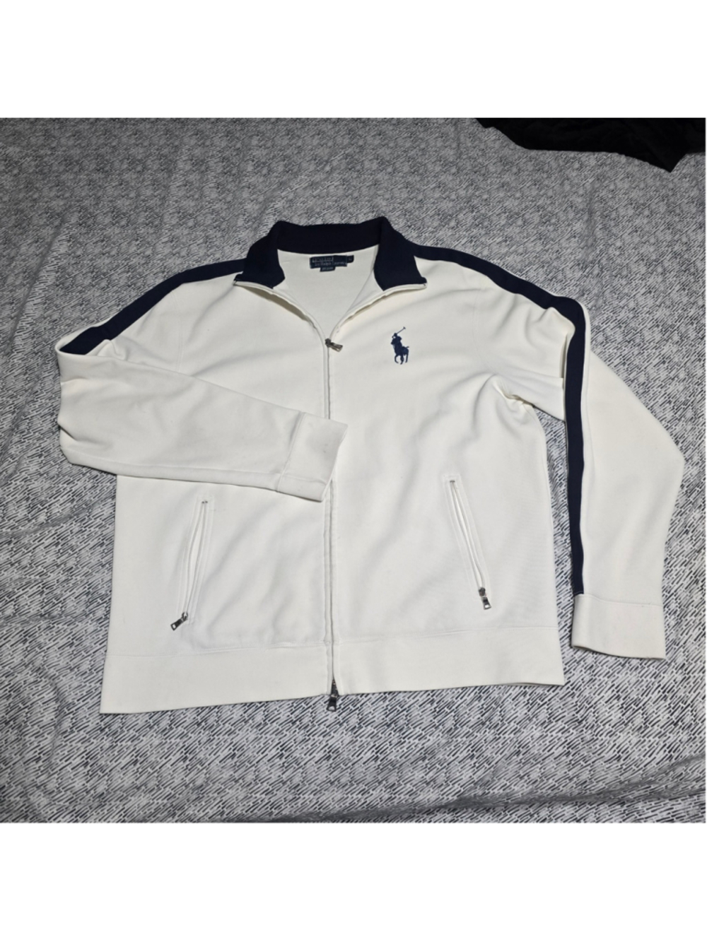 Men's Polo Ralph Lauren Zip Up Sweater Size L White Navy Blue